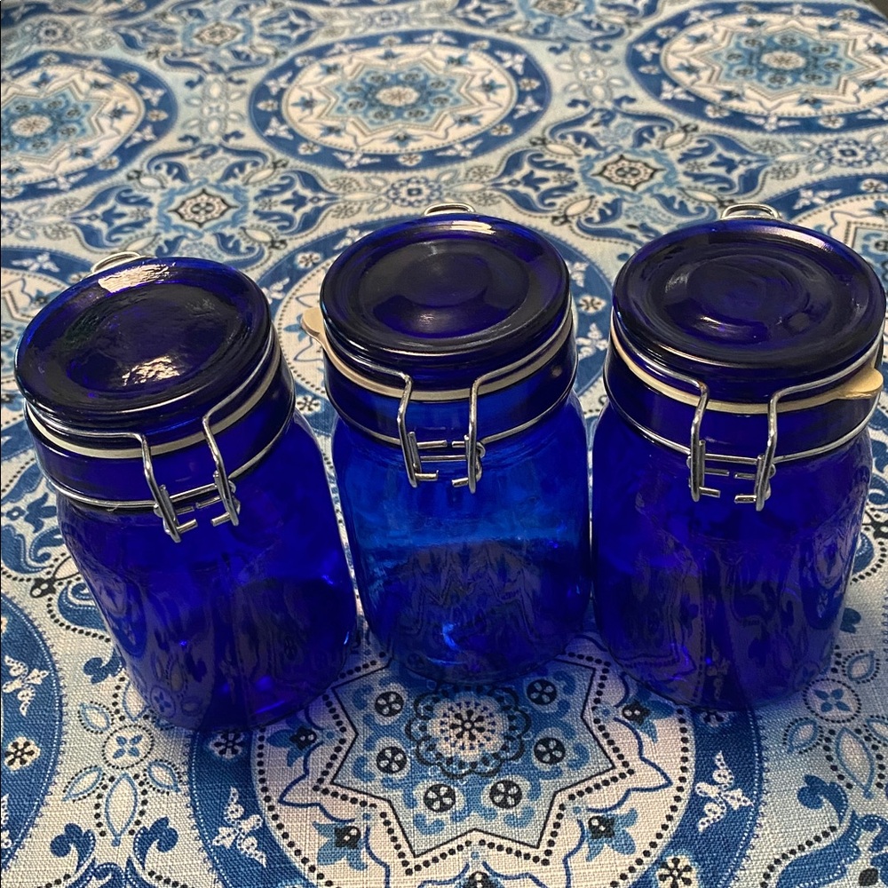 Cobalt Blue Hinged canister jars set of three 12 ounce vintage - Picture 2 of 2